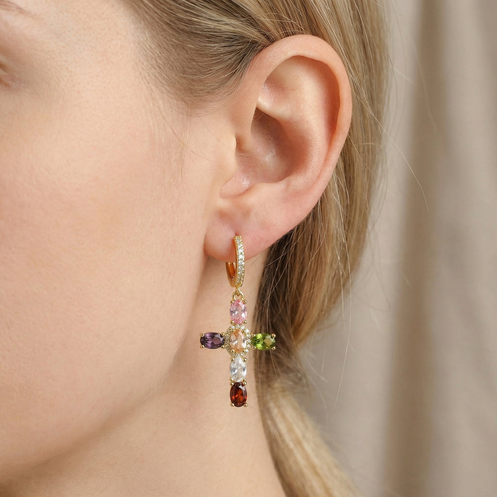 Dainty Colorful Gem Set Cross Earrings